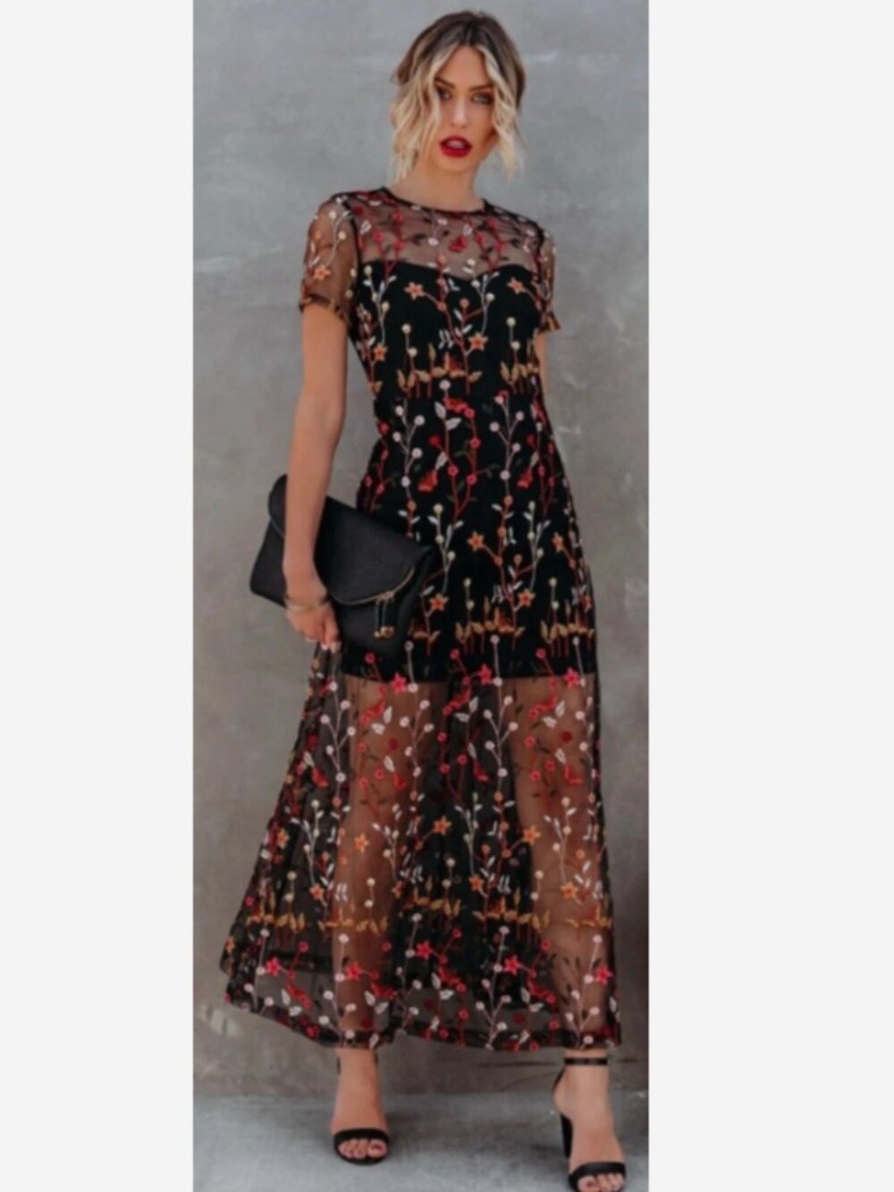 Anthropologie Endless Rose Black Floral Embroidered Sheer Mesh Maxi Dress Fairy